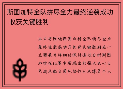 斯图加特全队拼尽全力最终逆袭成功 收获关键胜利