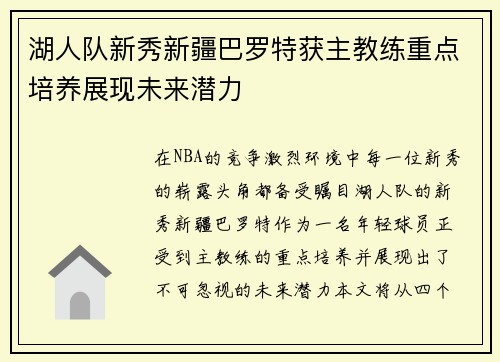 湖人队新秀新疆巴罗特获主教练重点培养展现未来潜力