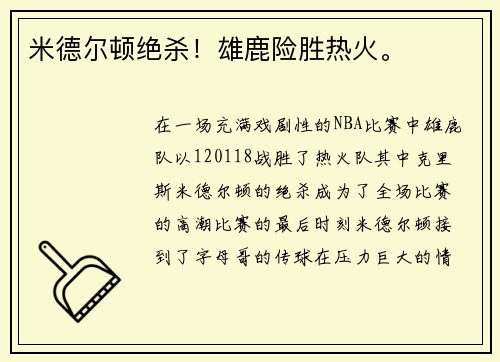 米德尔顿绝杀！雄鹿险胜热火。
